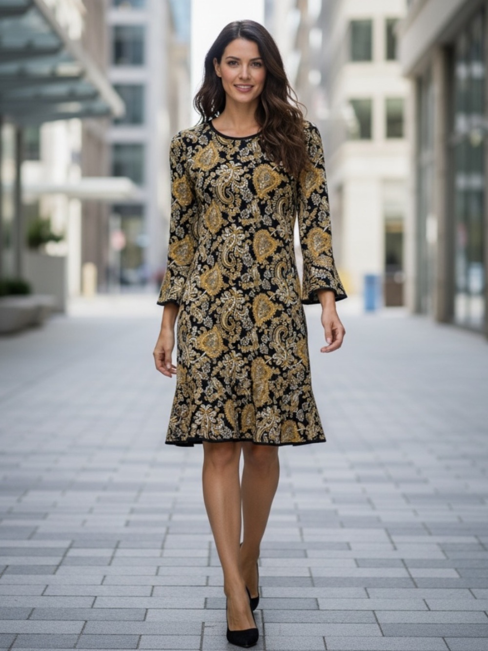 Michael Kors Black Gold Paisley Bell Sleeves Flouncy Skirt Tunic Dress